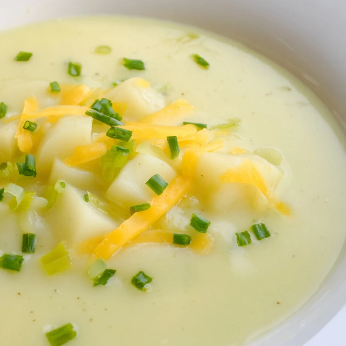 Irish Potato Leek Soup with Sharp Cheddar in a rustic bowl beside crusty bread.