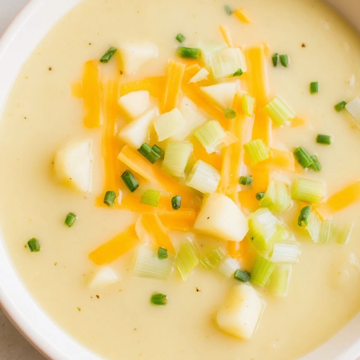 Creamy Irish Potato Leek Soup with Sharp Cheddar garnished with extra cheese and chives.