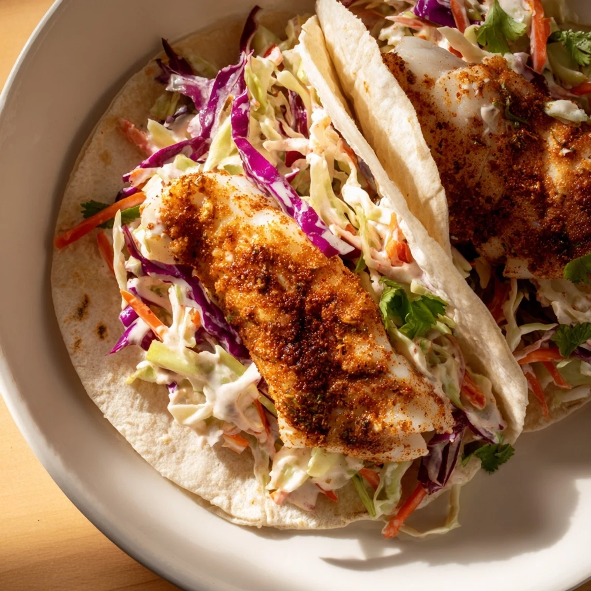 Golden, flaky Cajun Spiced Fish Tacos with Cabbage Slaw topped with fresh cilantro on a plate.