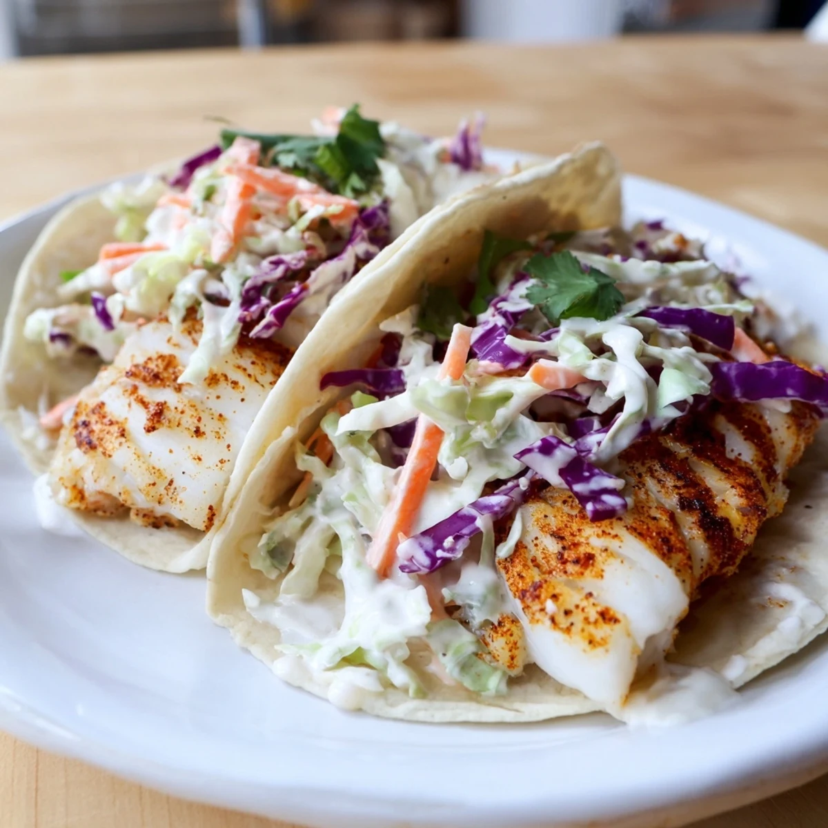 These Cajun Spiced Fish Tacos with Cabbage Slaw feature warm tortillas and a squeeze of lime.