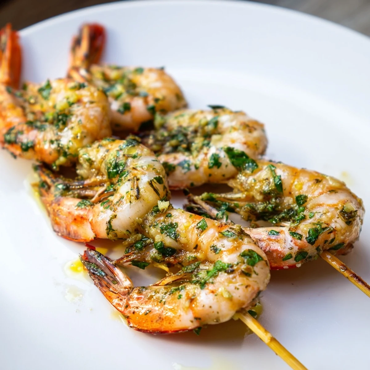 Lemon Garlic Shrimp Skewers with Parsley arranged on a rustic wooden board for a summer dinner.