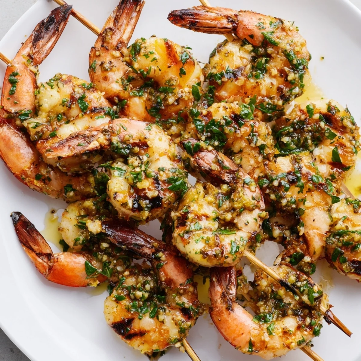 A close-up of Lemon Garlic Shrimp Skewers with Parsley served over fluffy rice with salad.