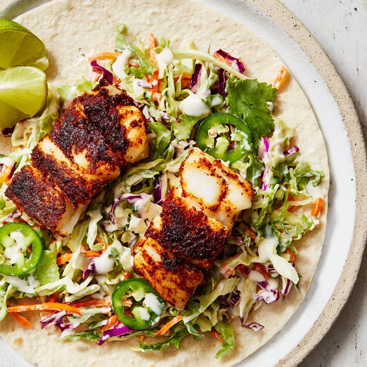 Golden-brown Cajun Spiced Fish Tacos with Slaw piled on a plate with lime wedges and jalapeños, steaming slightly.