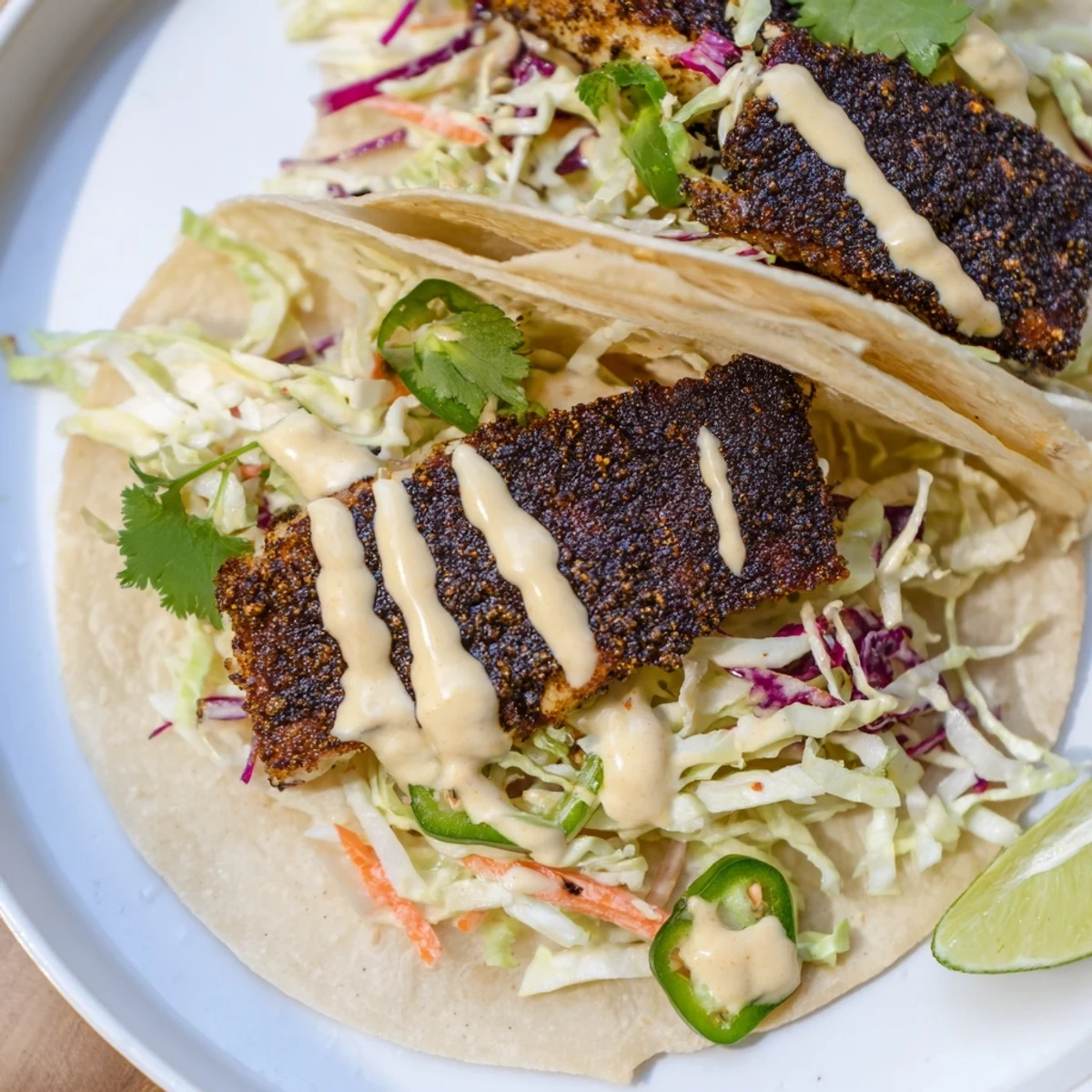 Cajun Spiced Fish Tacos with Slaw served in soft tortillas, topped with crunchy slaw and fresh cilantro.