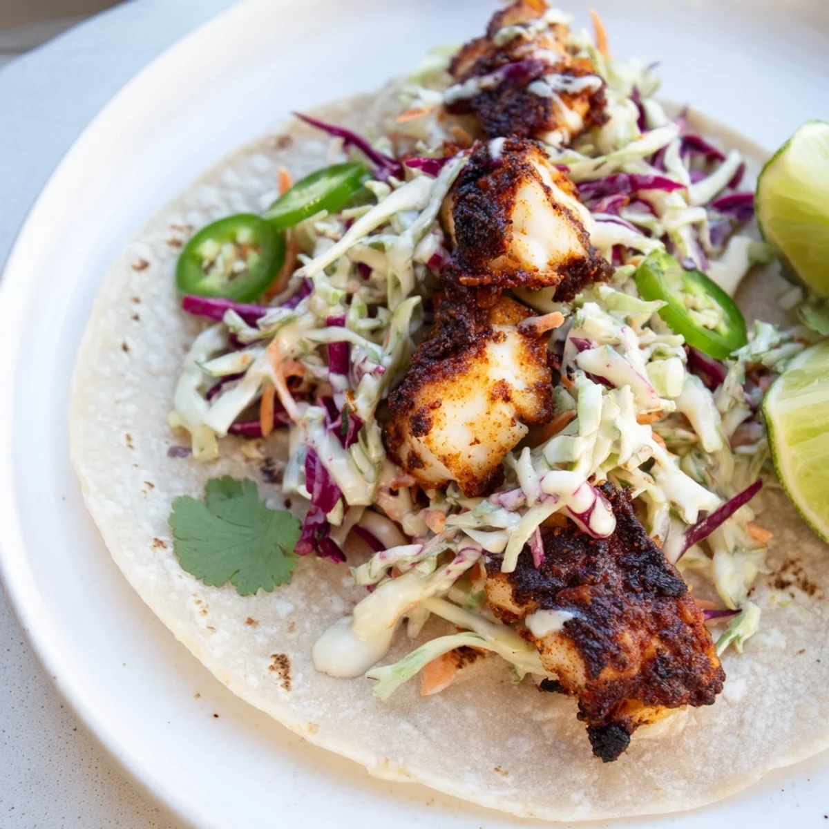 Close-up of Cajun Spiced Fish Tacos with Slaw showing flaky fish, creamy dressing, and colorful cabbage.