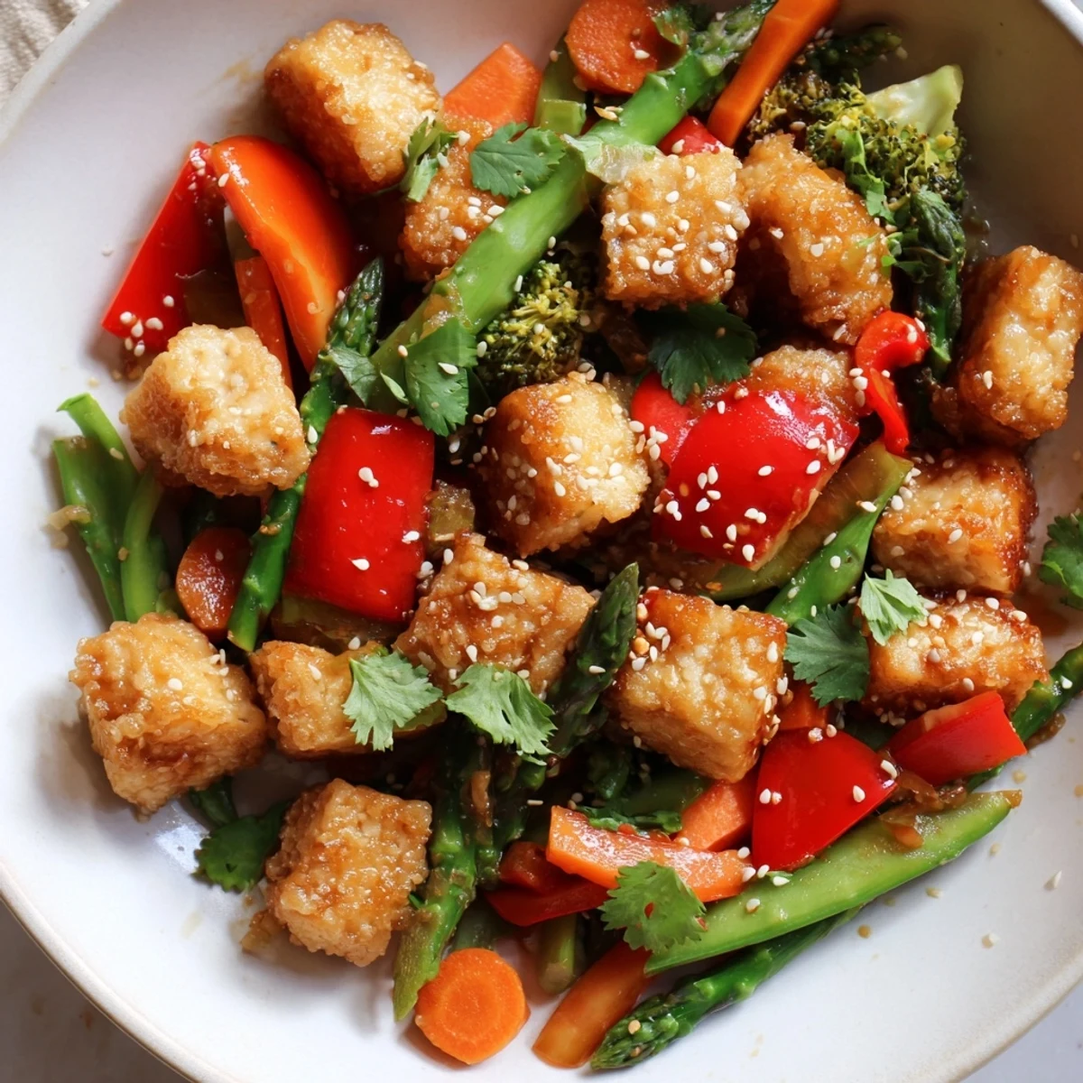 Golden pan-seared tofu cubes and crisp spring vegetables in a glossy sauce, featuring asparagus, snap peas, and red bell pepper in a bright stir fry.