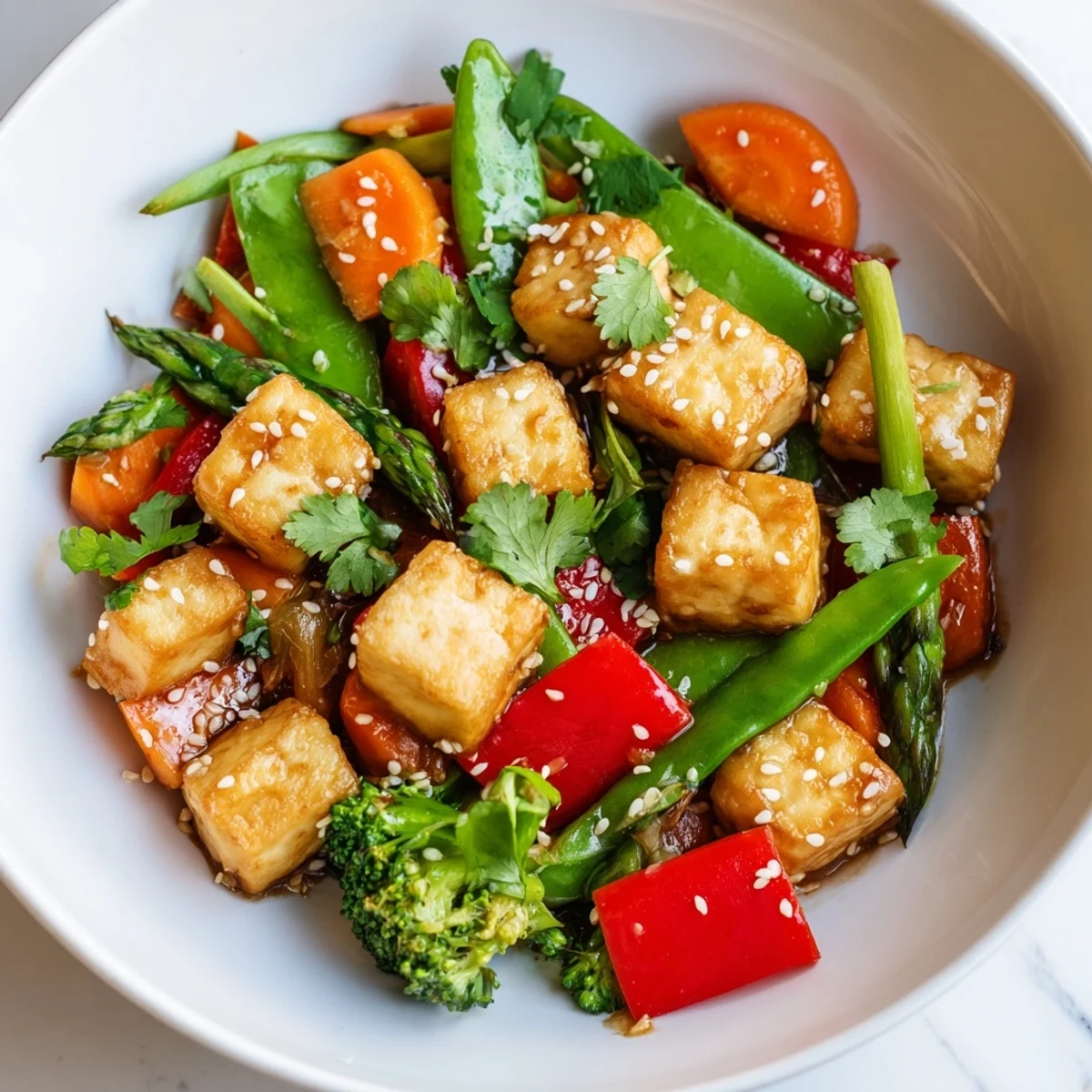 Close-up of a healthy vegan stir fry with colorful broccoli, carrots, and bell peppers, showcasing the tender tofu and vibrant texture of the dish.