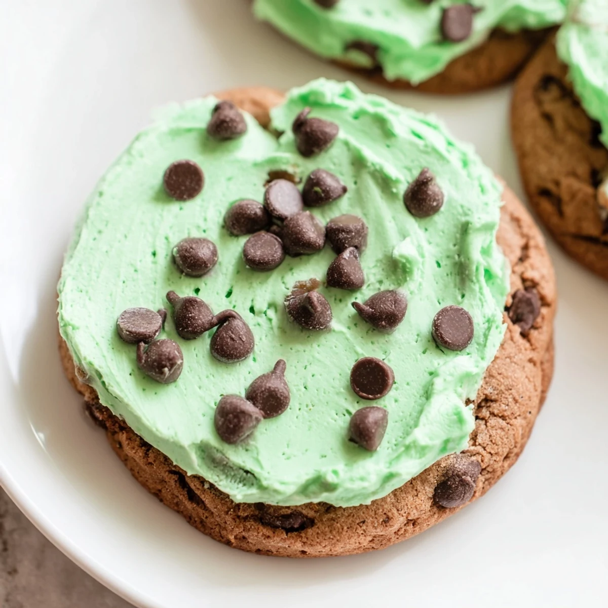 A close-up of Chocolate Mint Cookies with Green Frosting, highlighting the rich cocoa crumb and vibrant minty green swirls.
