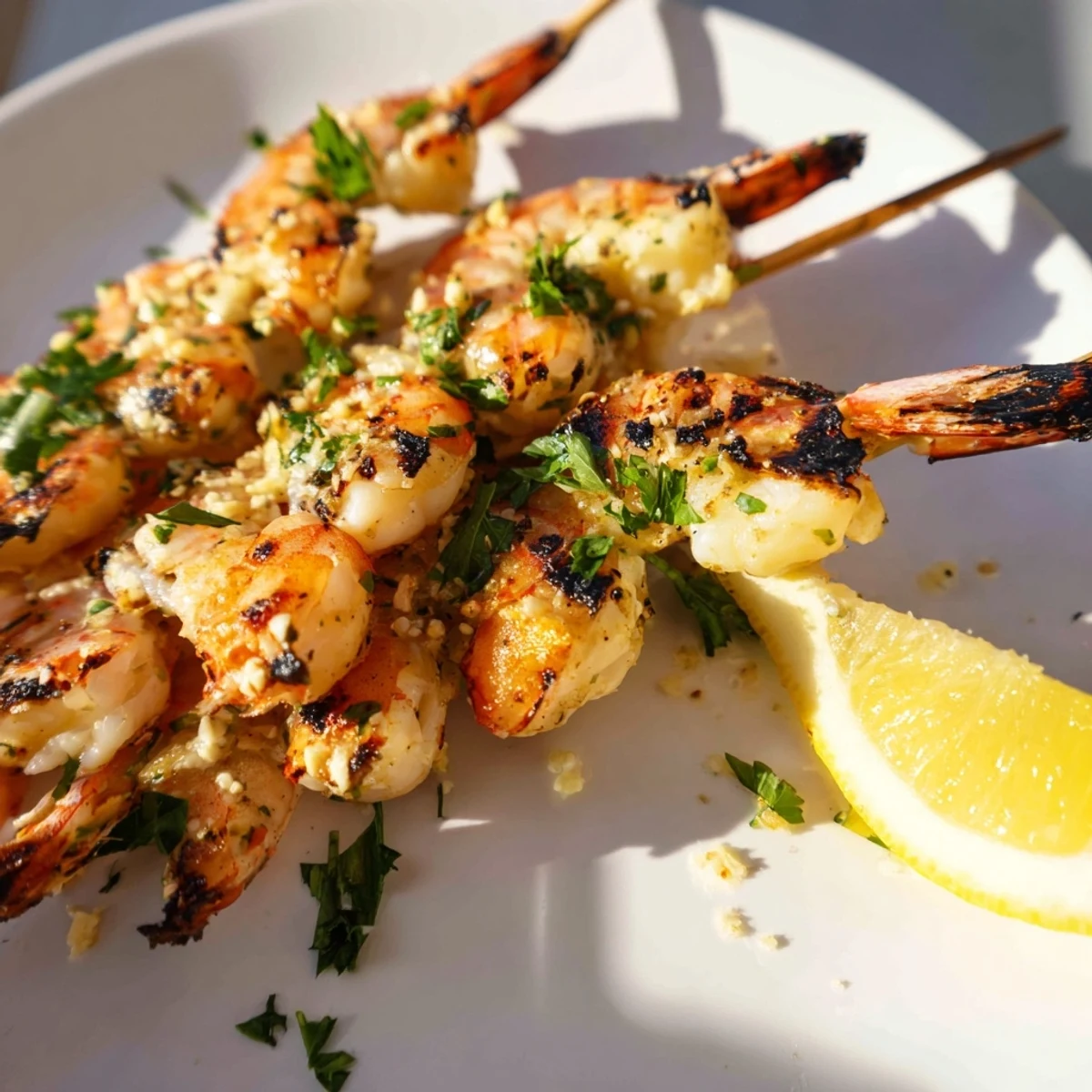 Juicy Lemon Garlic Shrimp Skewers sizzling on the grill with visible char marks and fresh parsley.