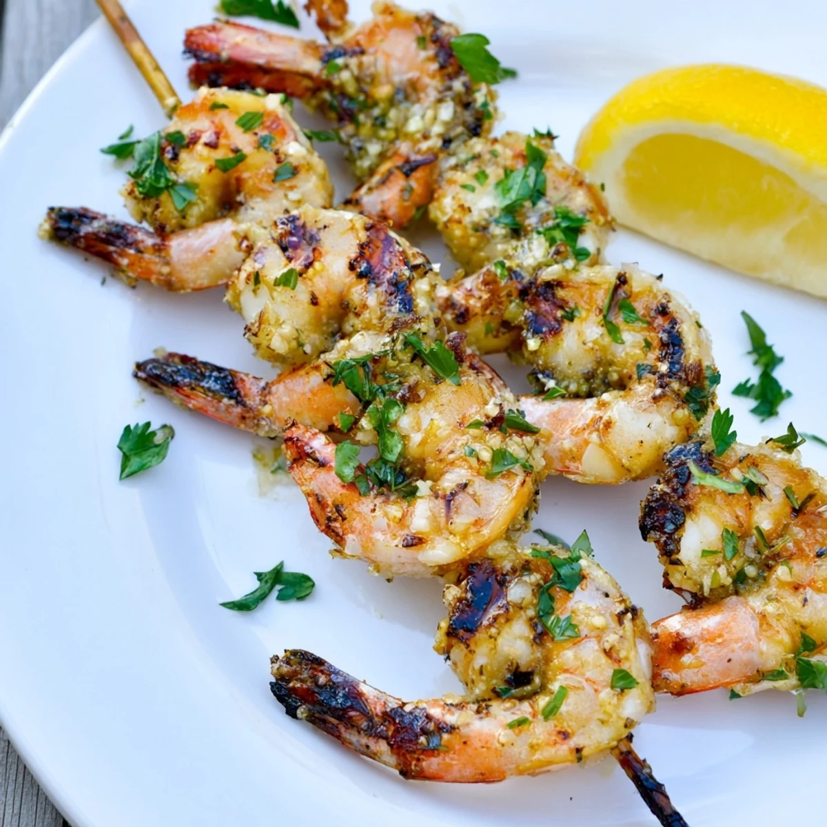 Lemon Garlic Shrimp Skewers served on a white plate with lemon wedges and a green salad.