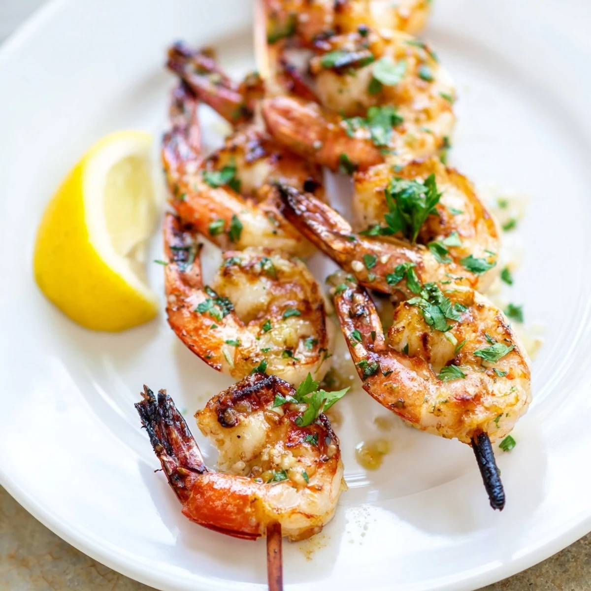 Platter of perfectly cooked Lemon Garlic Shrimp Skewers ready to eat, garnished with extra parsley.