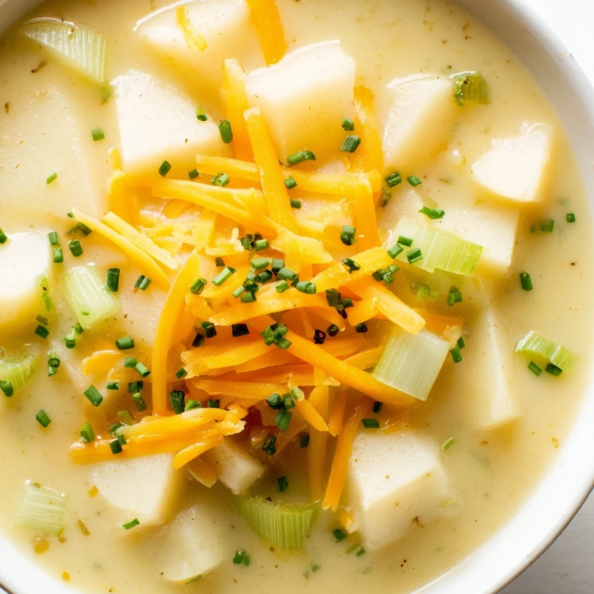 Steaming bowl of Irish Potato Leek Soup with Cheddar topped with fresh chives.