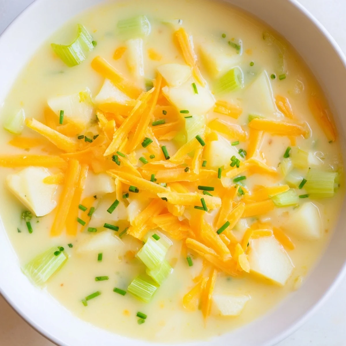 Creamy Irish Potato Leek Soup with Cheddar served in a rustic mug with crusty bread.