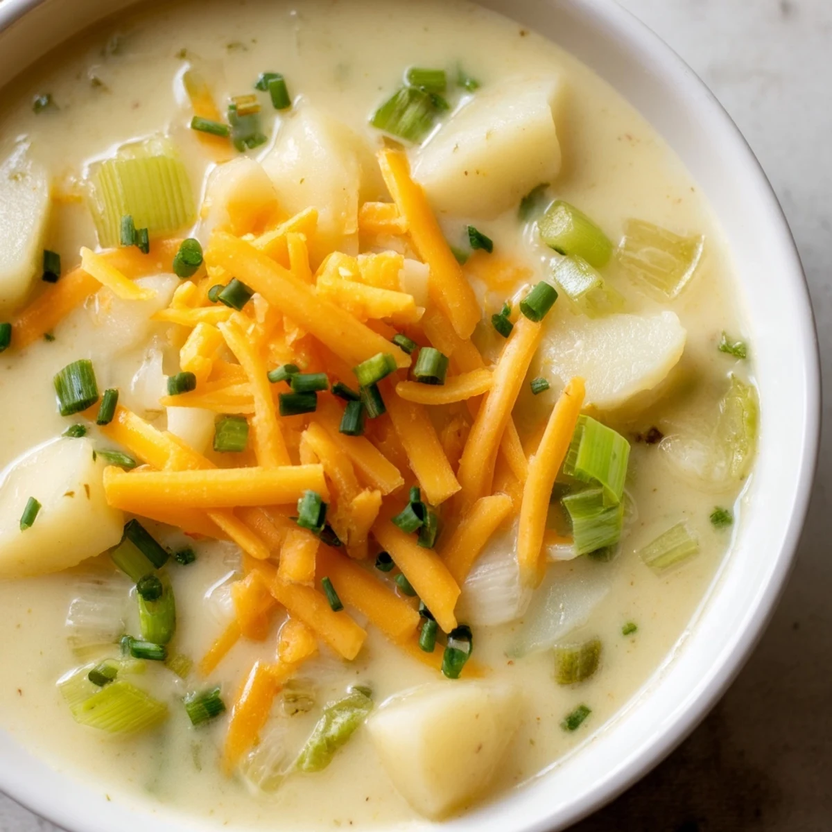 Smooth Irish Potato Leek Soup with Cheddar garnished with melted cheese and a drizzle of cream.