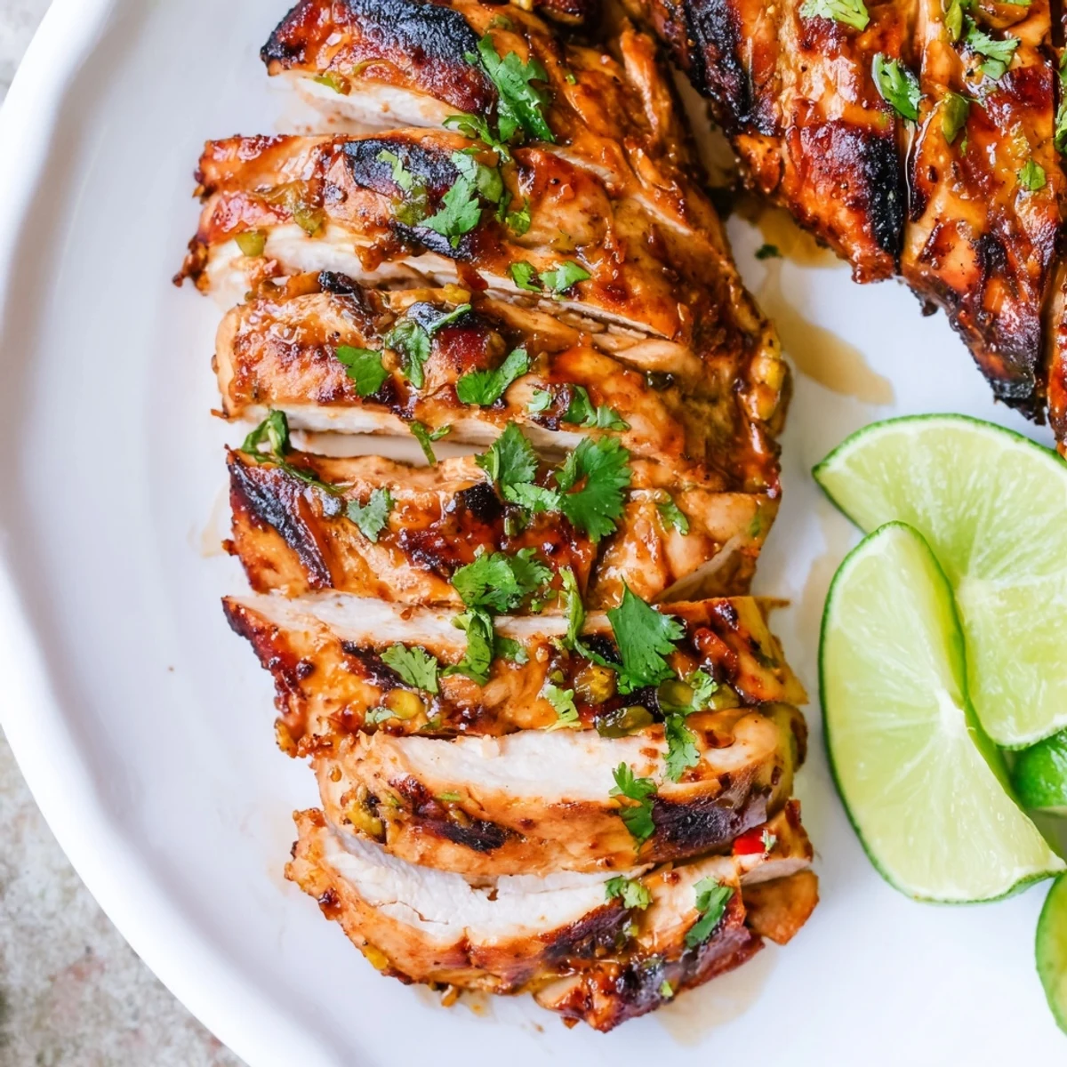 Perfectly grilled Spicy Honey Lime Chicken served on a plate, garnished with cilantro and lime slices, ready for a flavorful dinner.