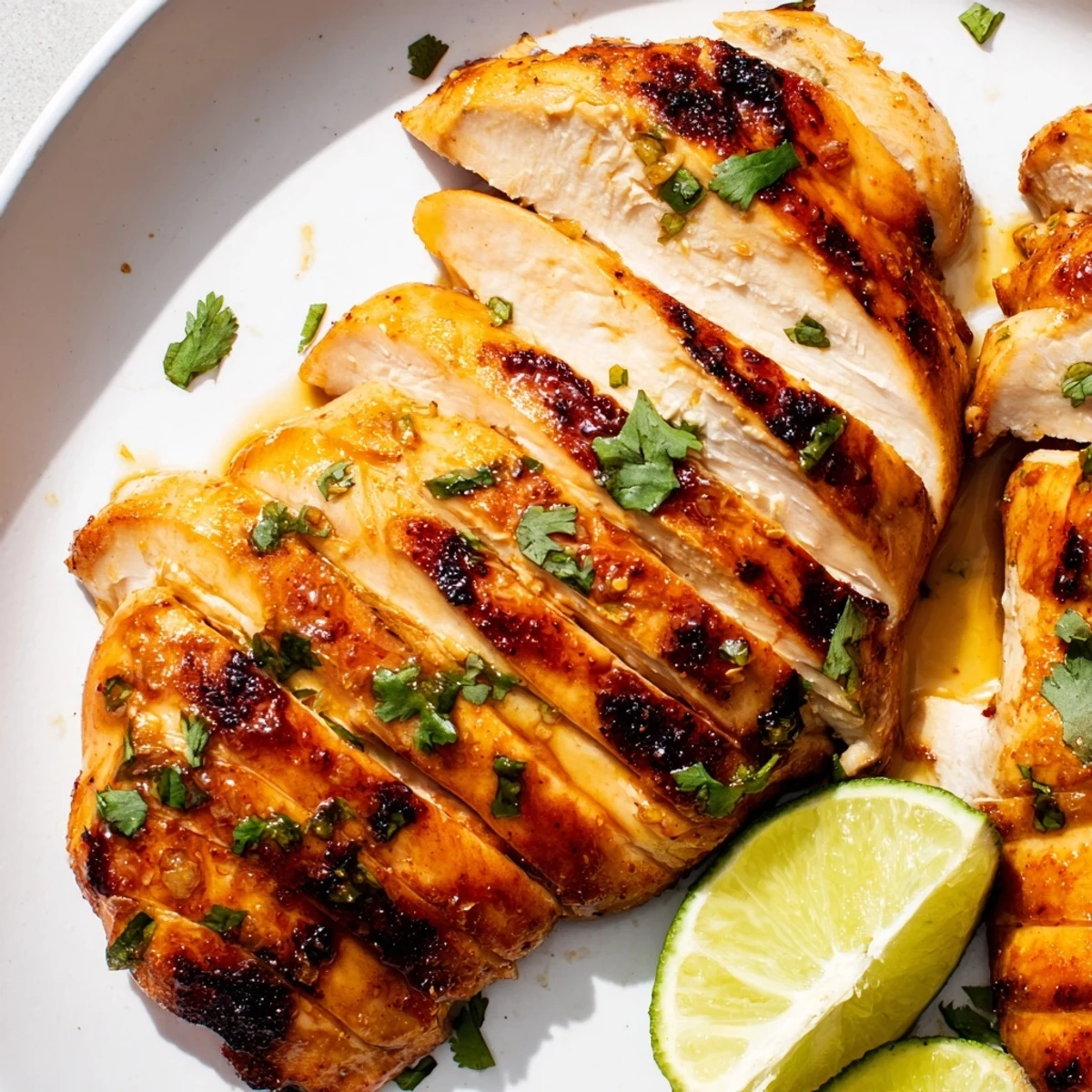 Juicy Spicy Honey Lime Chicken breasts sizzling on a hot grill, with a sweet, tangy glaze and fresh lime wedges on the side.
