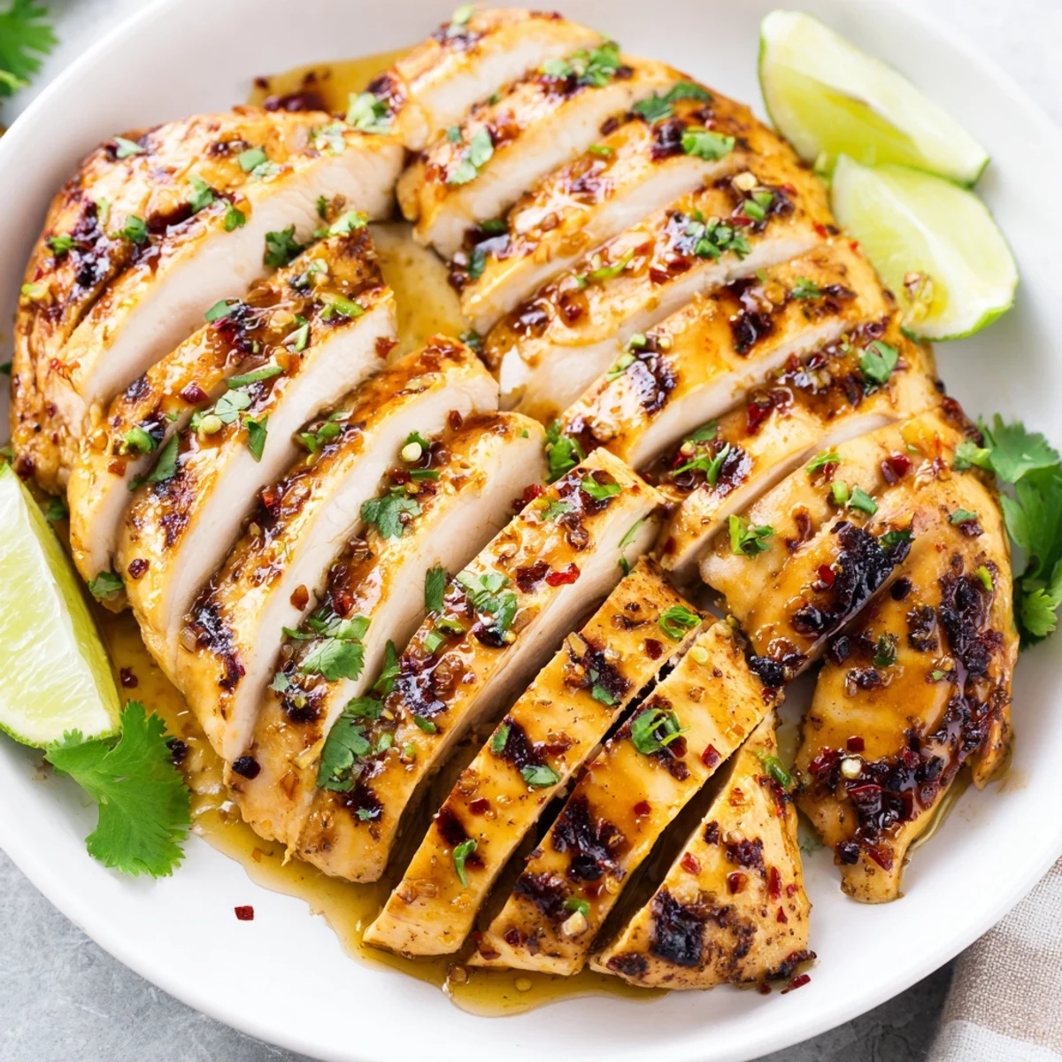 Close-up view of Spicy Honey Lime Chicken with a caramelized honey-lime crust, highlighting the tender texture and vibrant green cilantro garnish.