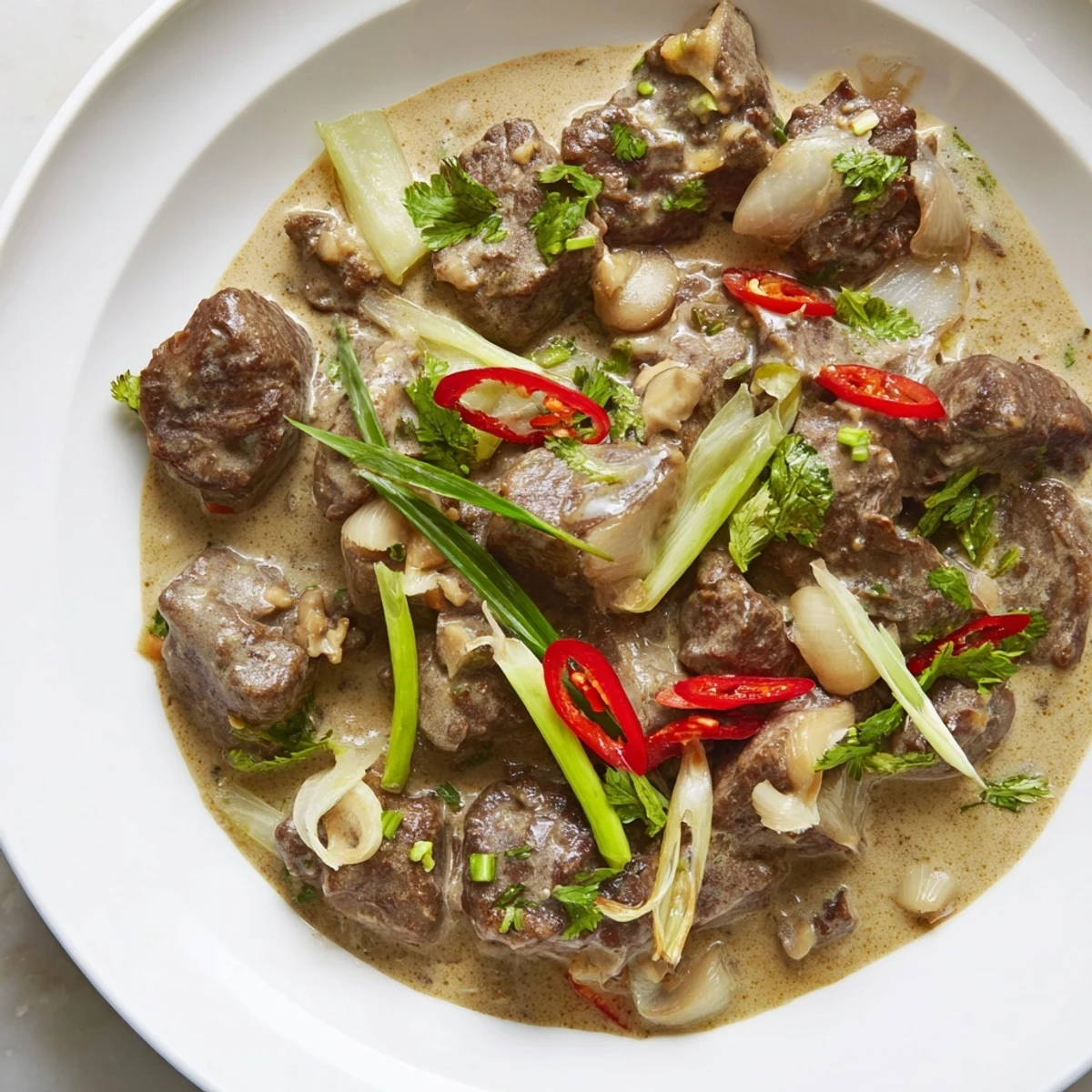 Steam rises from a warm bowl of Lemongrass Coconut Braised Beef with Mushrooms beside fluffy jasmine rice.