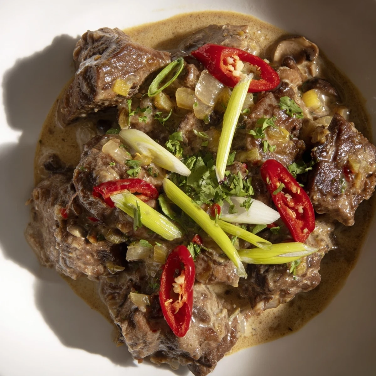 A rustic Dutch oven displays Lemongrass Coconut Braised Beef with Mushrooms garnished with fresh cilantro and lime wedges.