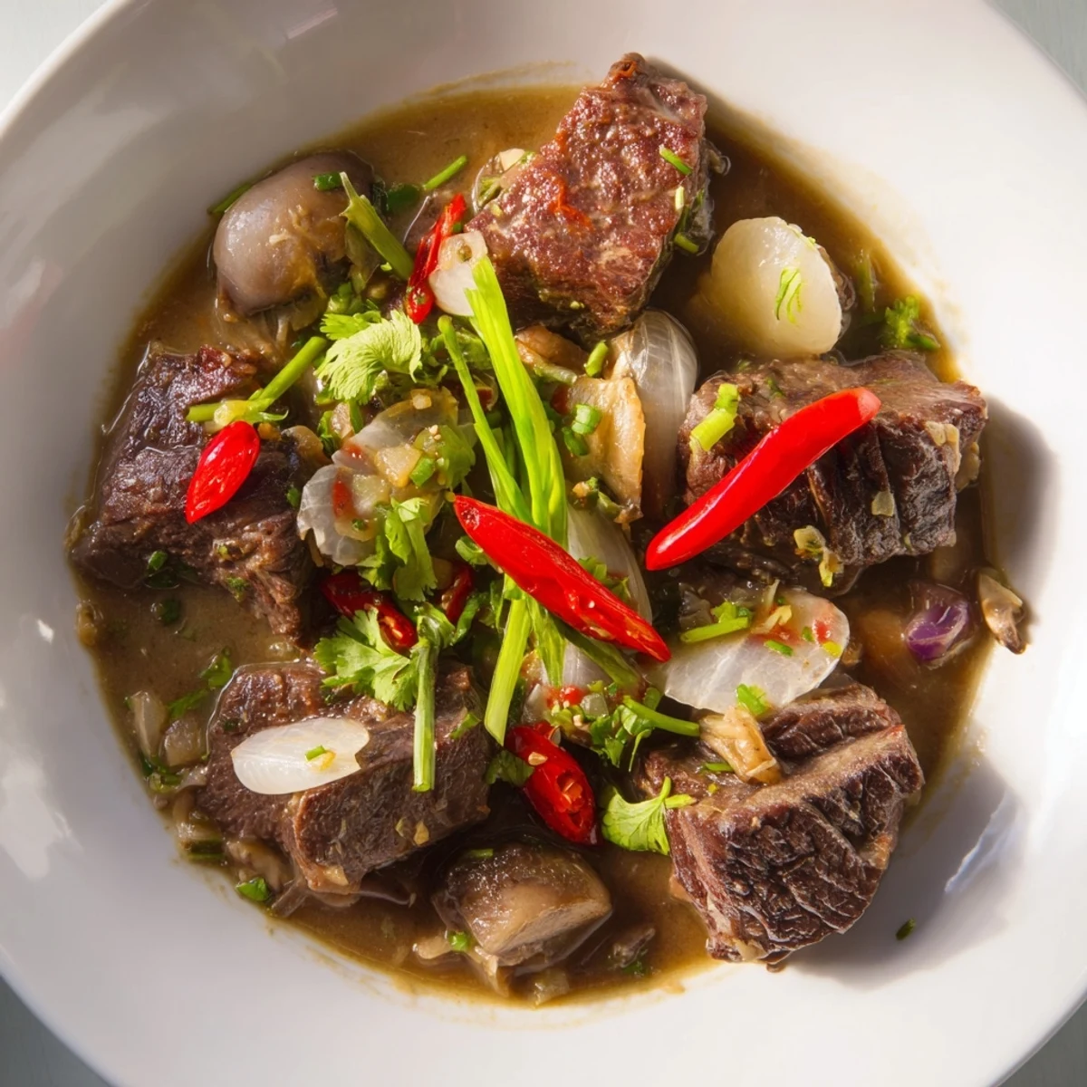Golden seared beef cubes simmer in creamy lemongrass coconut milk sauce with tender mushrooms in this savory main dish.