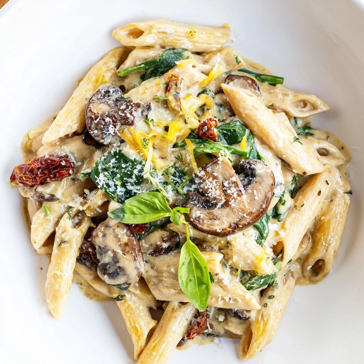 Creamy Tuscan Mushroom Pasta Skillet with sautéed mushrooms and wilted spinach in a rich Parmesan sauce.