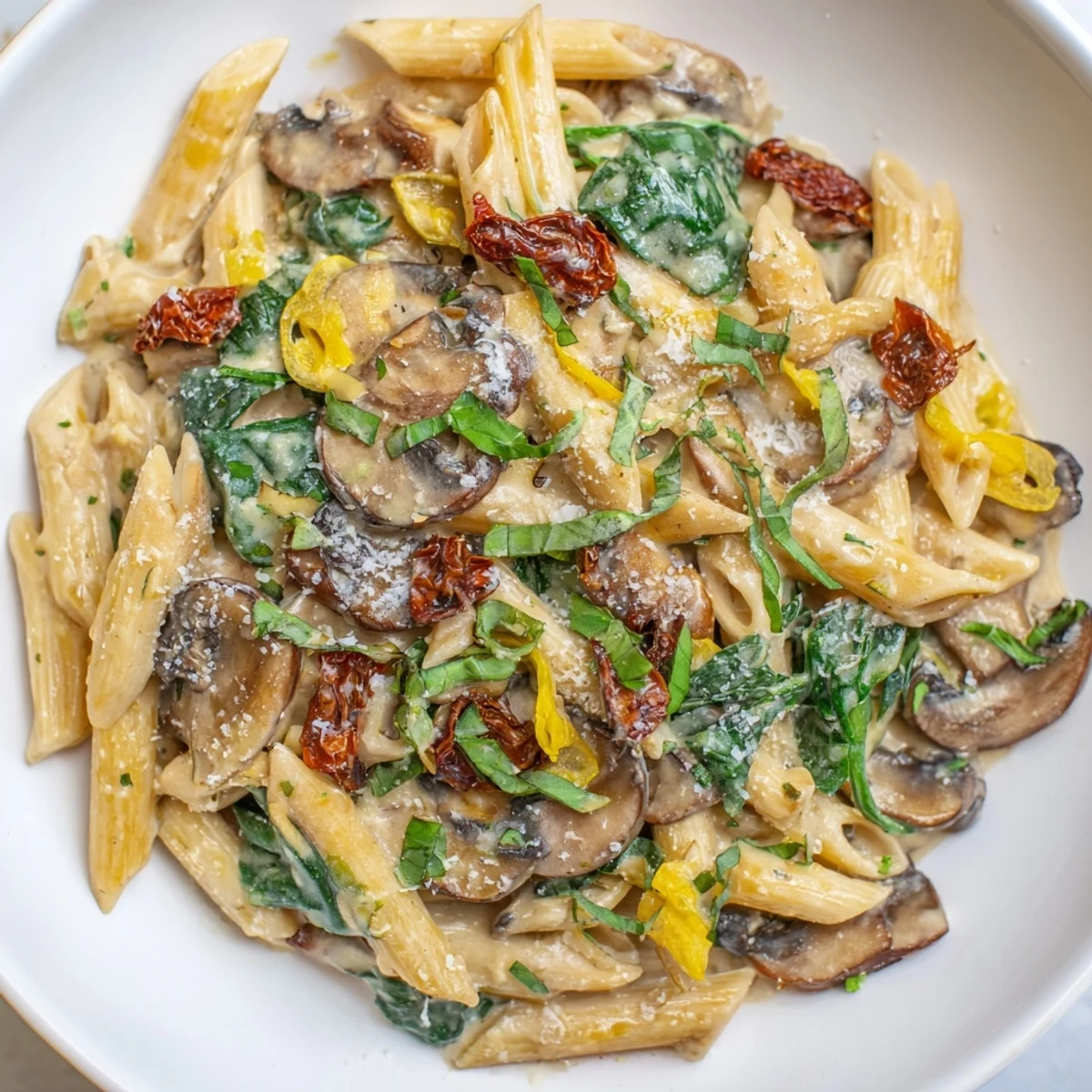 A steaming skillet of Creamy Tuscan Mushroom Pasta Skillet topped with fresh basil and sun-dried tomatoes.