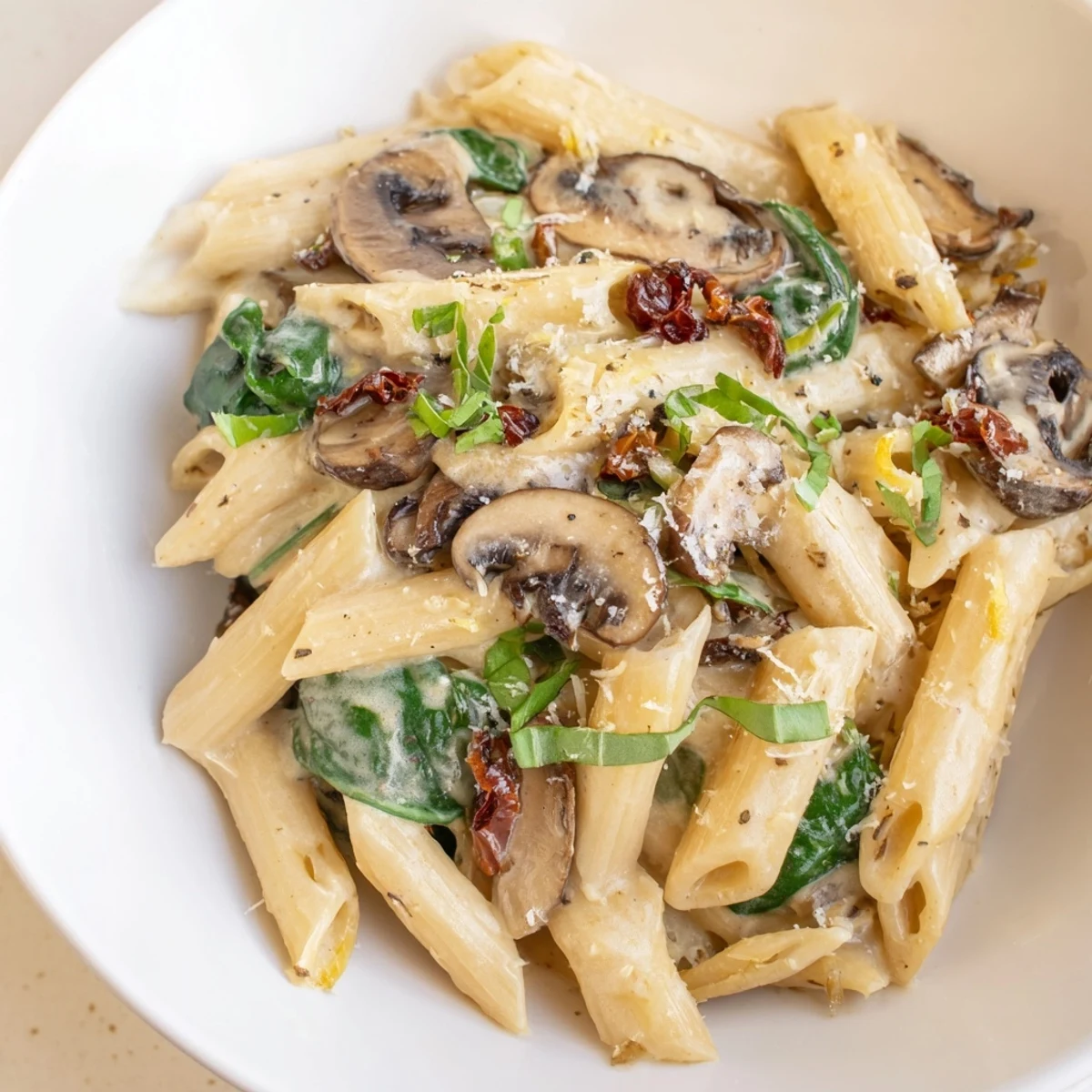 Hearty Creamy Tuscan Mushroom Pasta Skillet served in a cast iron pan with crusty bread alongside.