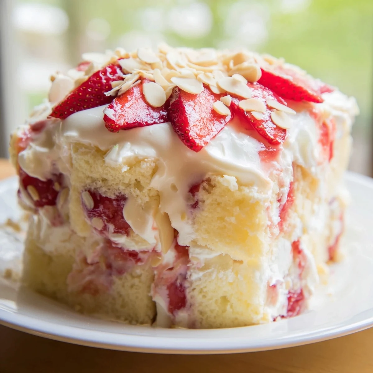 Heaven on Earth Cake in a clear trifle dish, creamy layers with almond topping and fresh strawberry garnish.