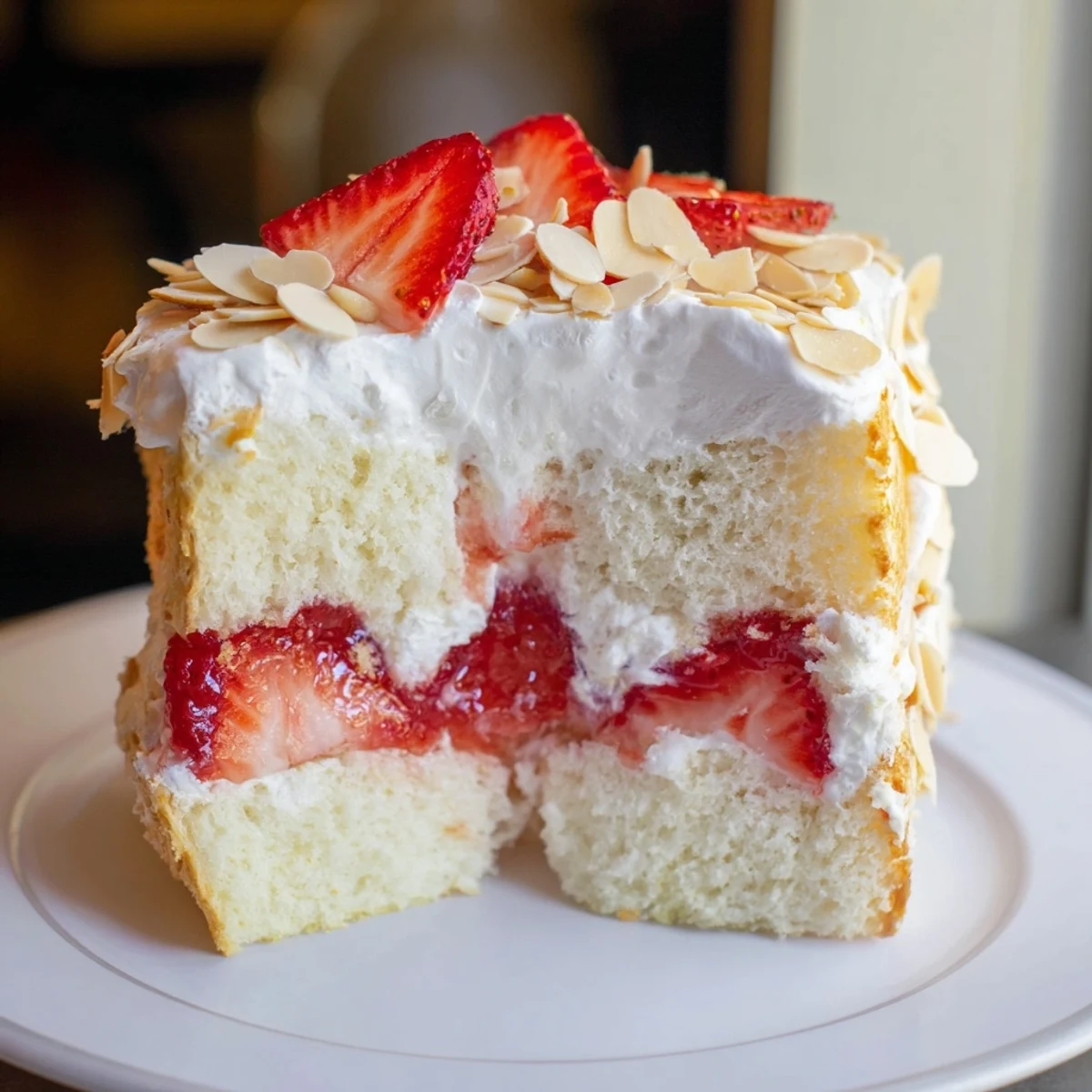 Layered Heaven on Earth Cake with fluffy angel food cake, vanilla pudding, and sweet strawberries in a glass dish.