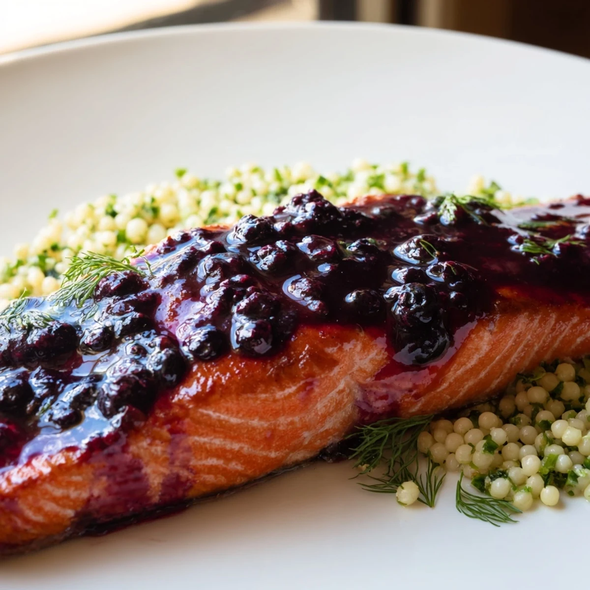 Tender salmon fillets coated in a glossy blueberry glaze sit atop fluffy lemon herb couscous garnished with fresh parsley.