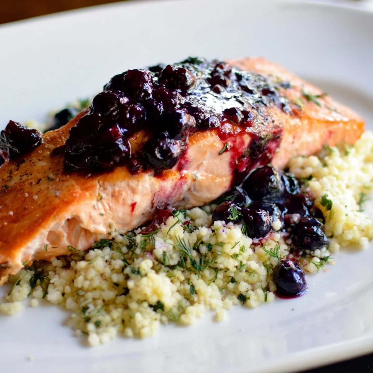 A vibrant serving of Blueberry Glazed Salmon with Lemon Herb Couscous showcases glistening glaze and aromatic herbs on a plate.