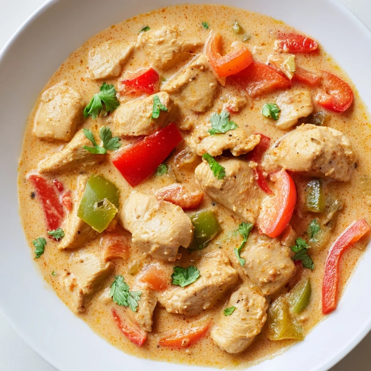 Golden pieces of chicken simmer in a creamy Brazilian Coconut Chicken sauce, garnished with fresh cilantro.