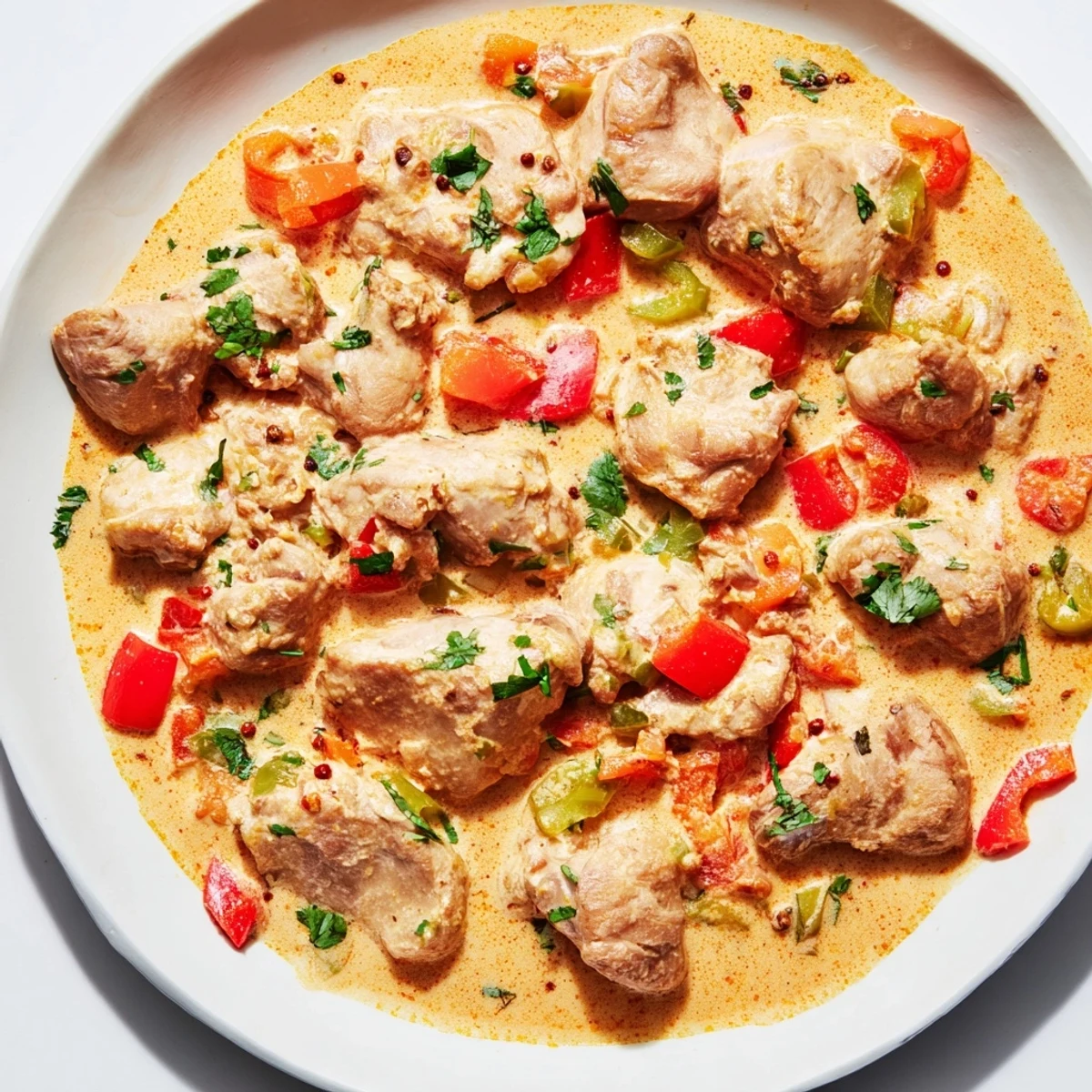 A skillet of Brazilian Coconut Chicken features tender meat and vibrant peppers, served with steamed white rice.