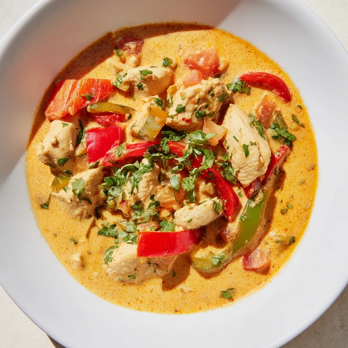 Hearty Brazilian Coconut Chicken in a coconut milk sauce, garnished with cilantro, perfect for a gluten-free main dish.