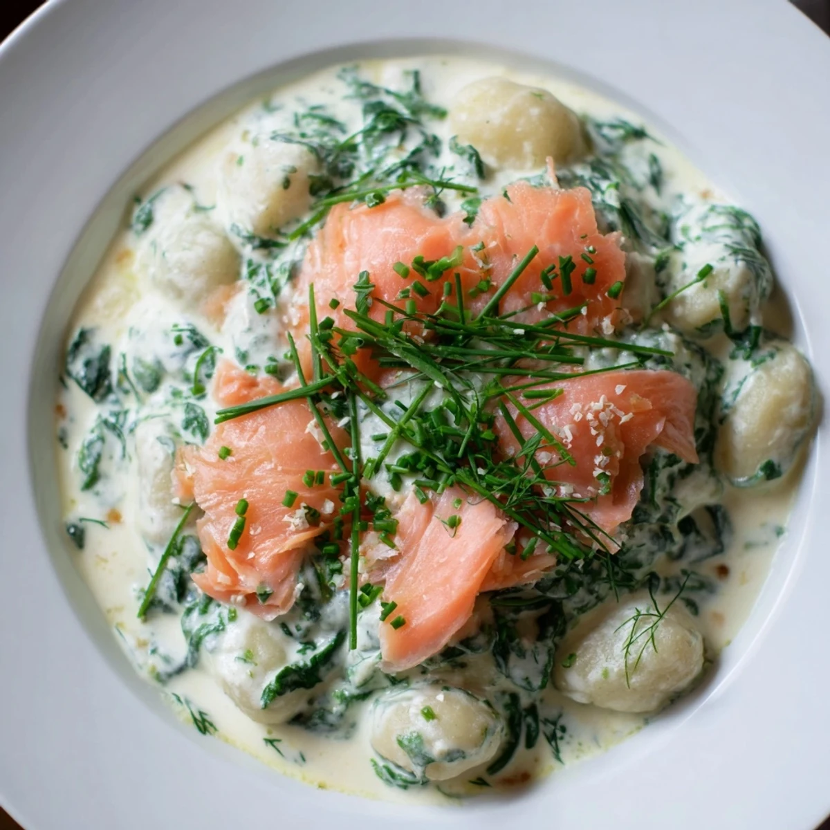 Creamy Healthy Smoked Salmon Gnocchi twirls in a skillet with fresh dill and bright lemon wedges.