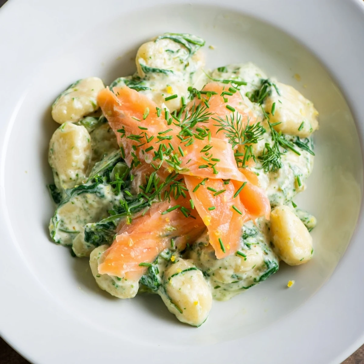 A close-up shows Healthy Smoked Salmon Gnocchi plated with chives and a light crème fraîche sauce.