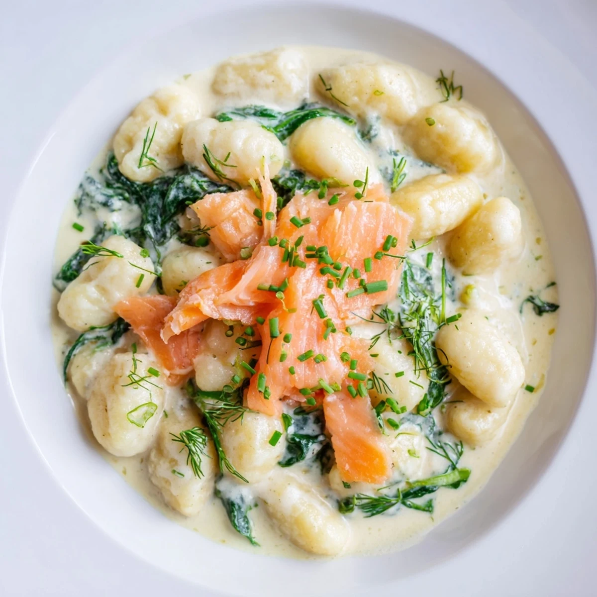 Vivid Healthy Smoked Salmon Gnocchi tossed with wilted spinach and silky salmon strips beside extra lemon wedges.