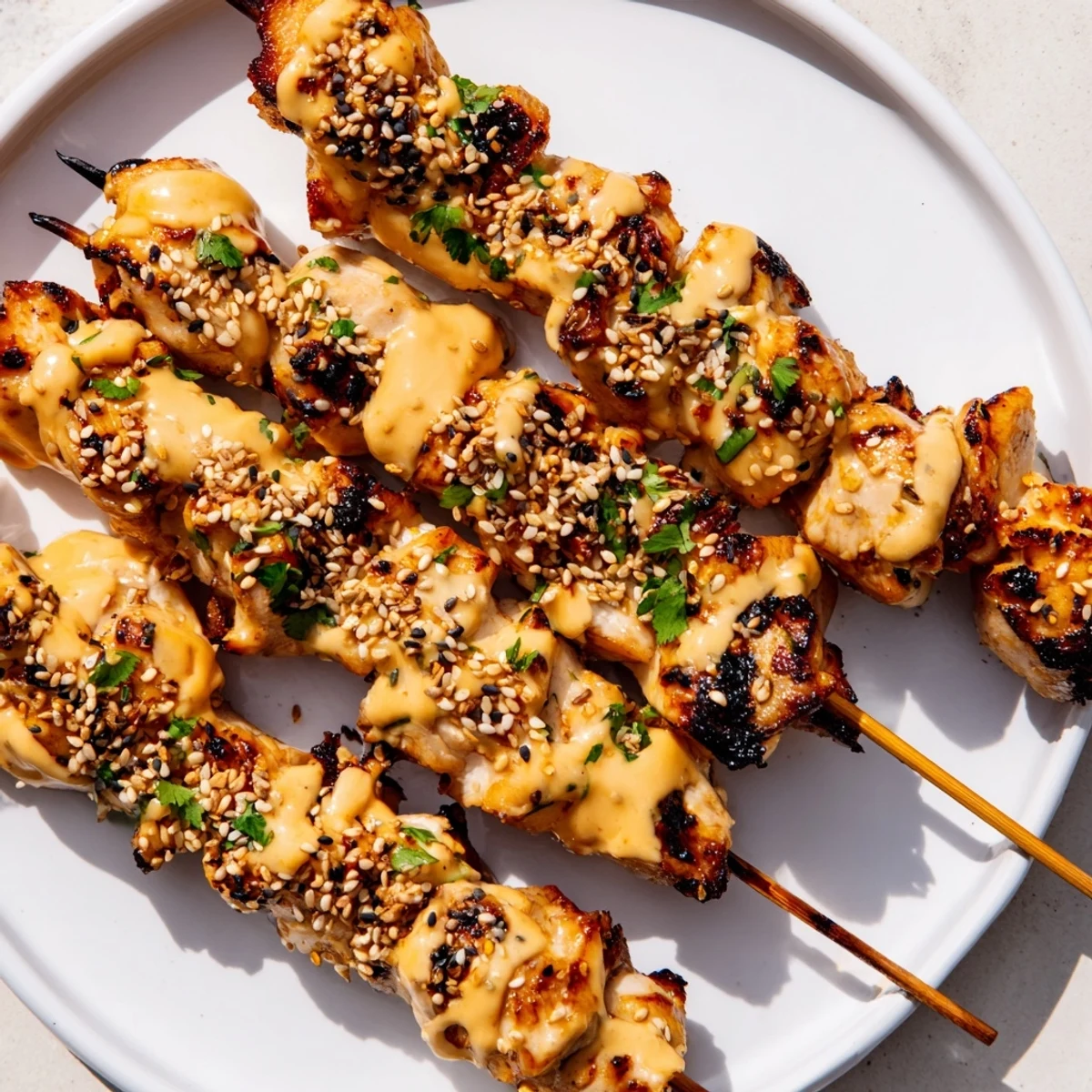 A close-up of Bang Bang Chicken Skewers on a platter with lime wedges, ready for a weeknight dinner.