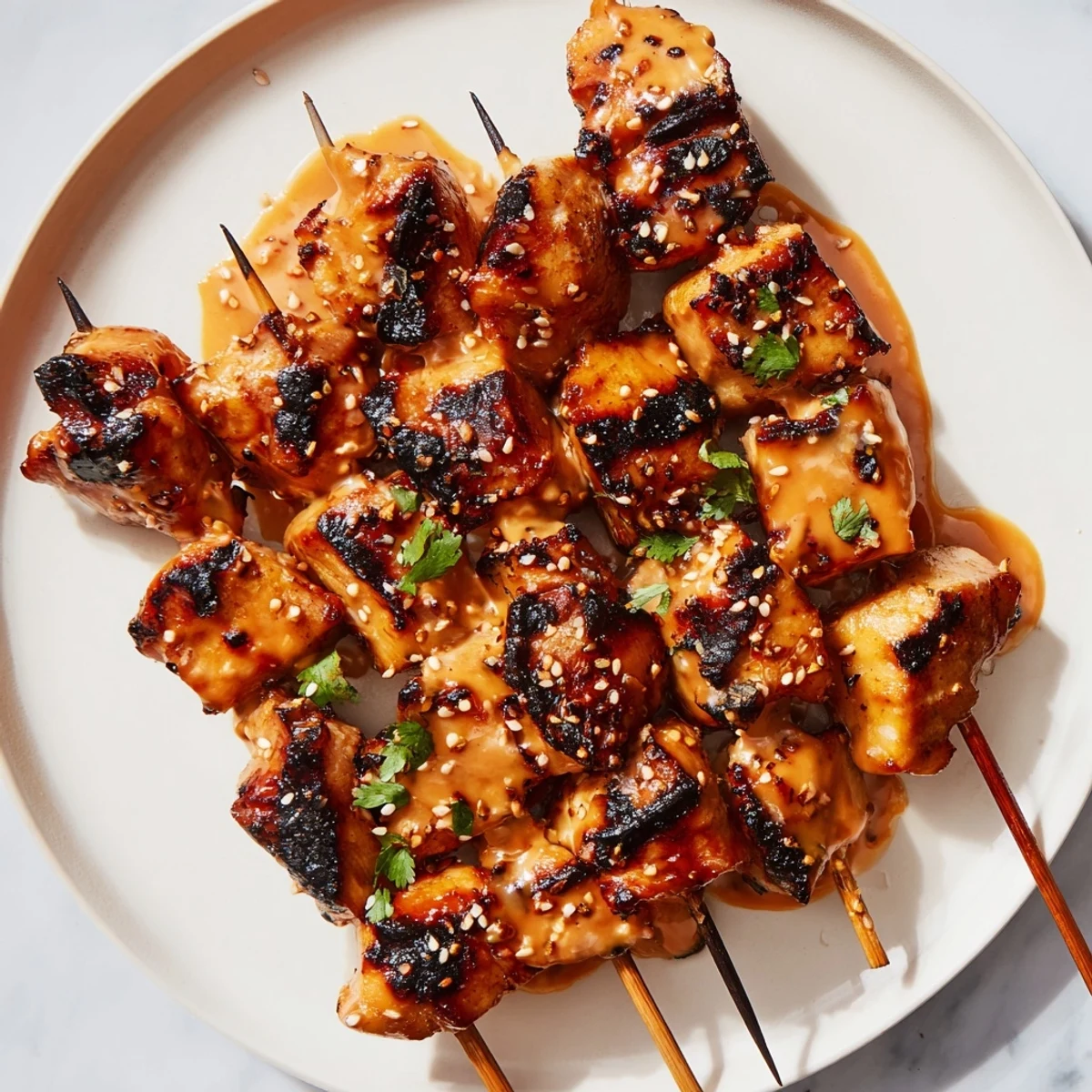Juicy grilled Bang Bang Chicken Skewers glisten with creamy, spicy-sweet sauce, topped with cilantro and sesame seeds.