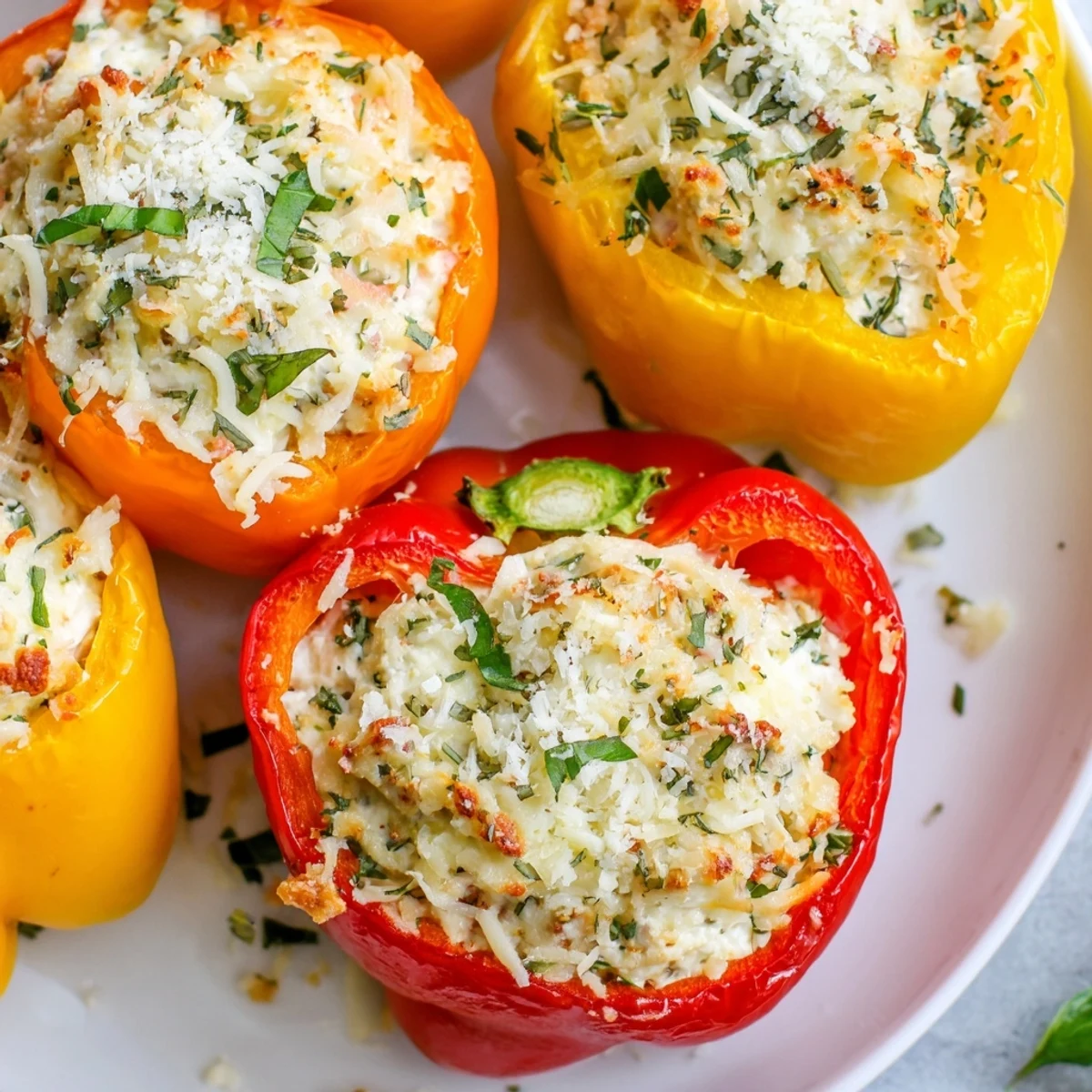 Golden-baked Ricotta Stuffed Peppers in a white baking dish, melted mozzarella topping