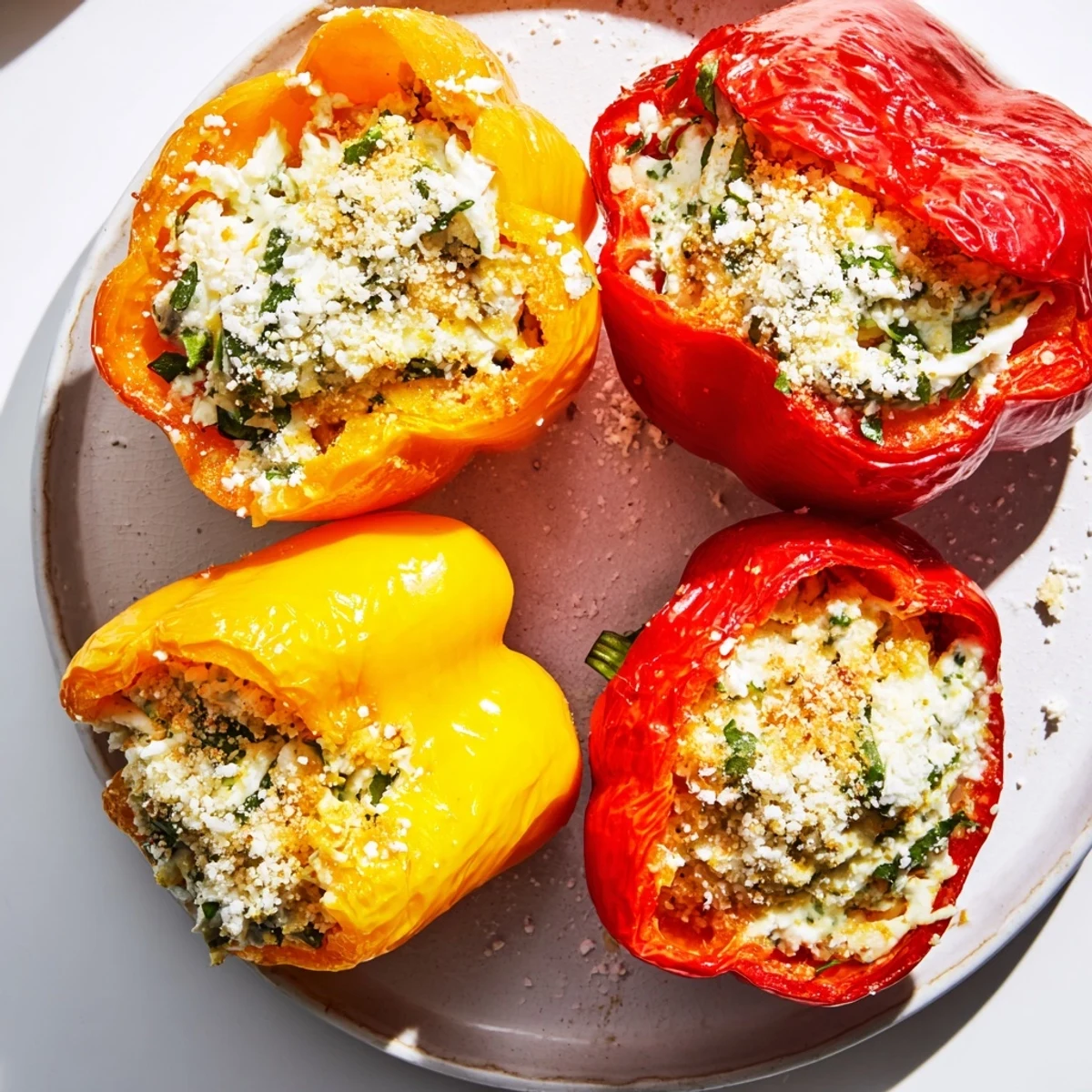 Ricotta Stuffed Peppers with herb-flecked filling, served on a rustic wooden board