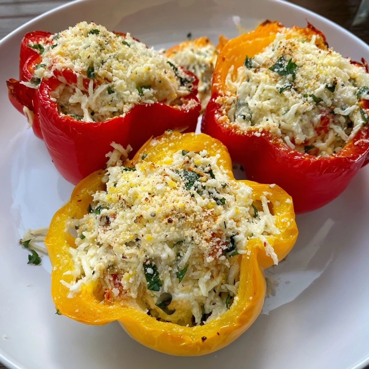 Close-up of Ricotta Stuffed Peppers showing tender bell pepper halves and bubbly cheese