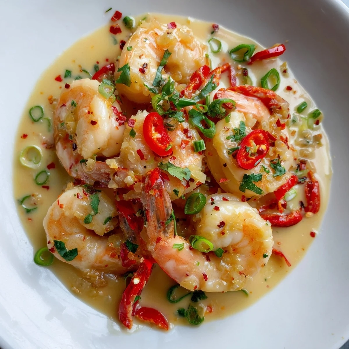 Close-up of juicy Garlic Shrimp in Coconut Milk, simmering in a creamy sauce with sautéed bell peppers and onions.