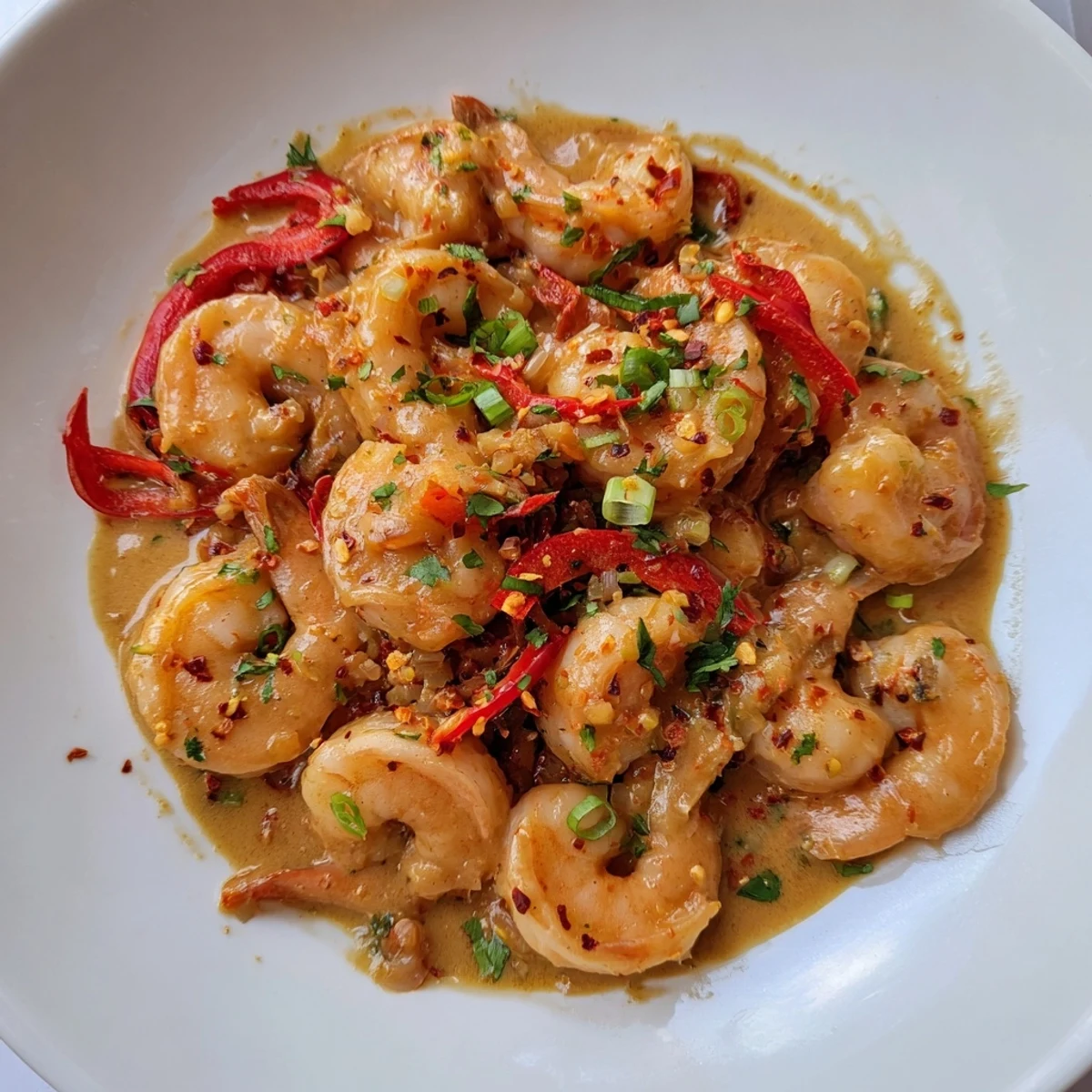 A rustic skillet of Garlic Shrimp in Coconut Milk, garnished with green onions and chili flakes, ready to enjoy.