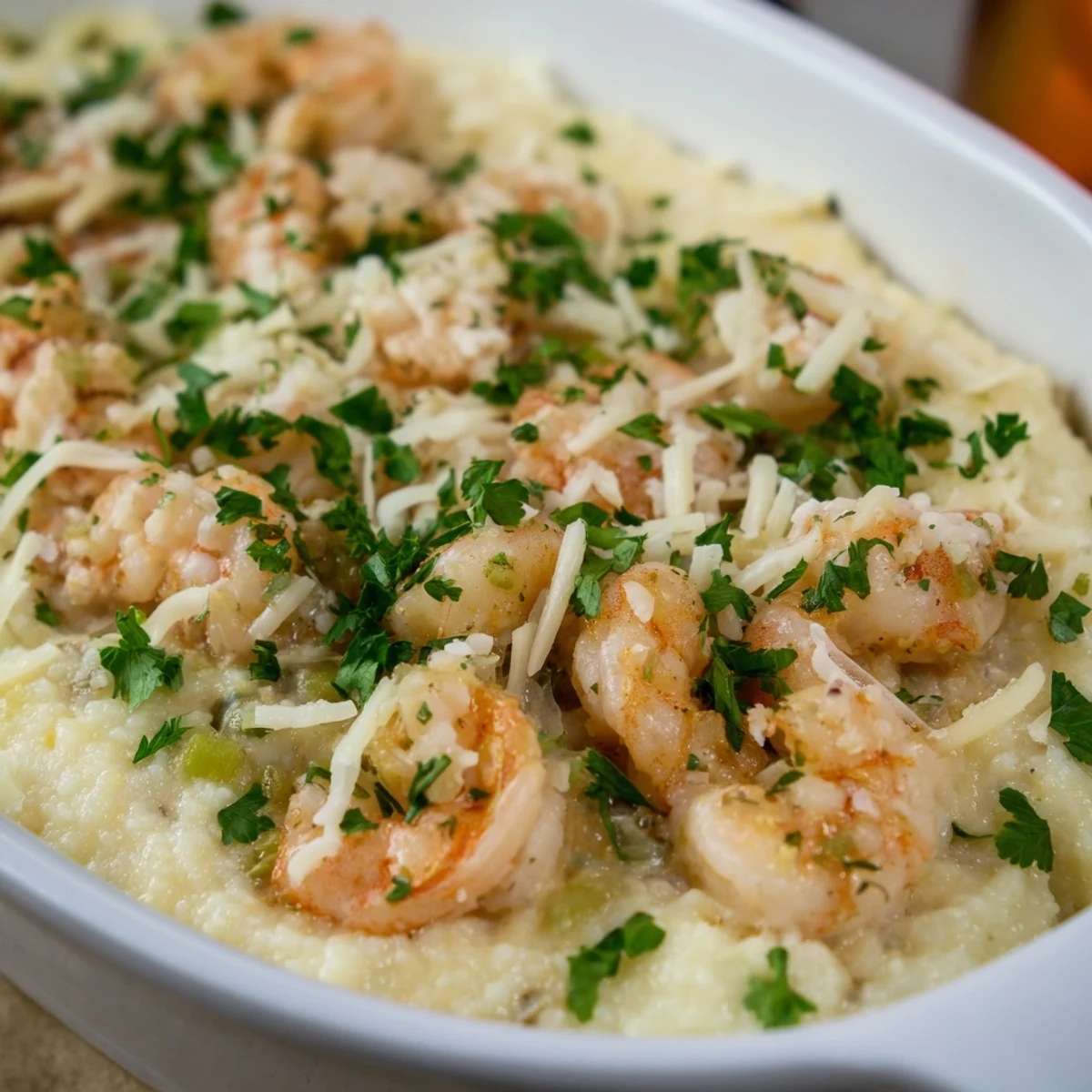 A serving spoon lifts a generous portion of creamy Easy Shrimp & Grits Casserole revealing tender shrimp and grits.