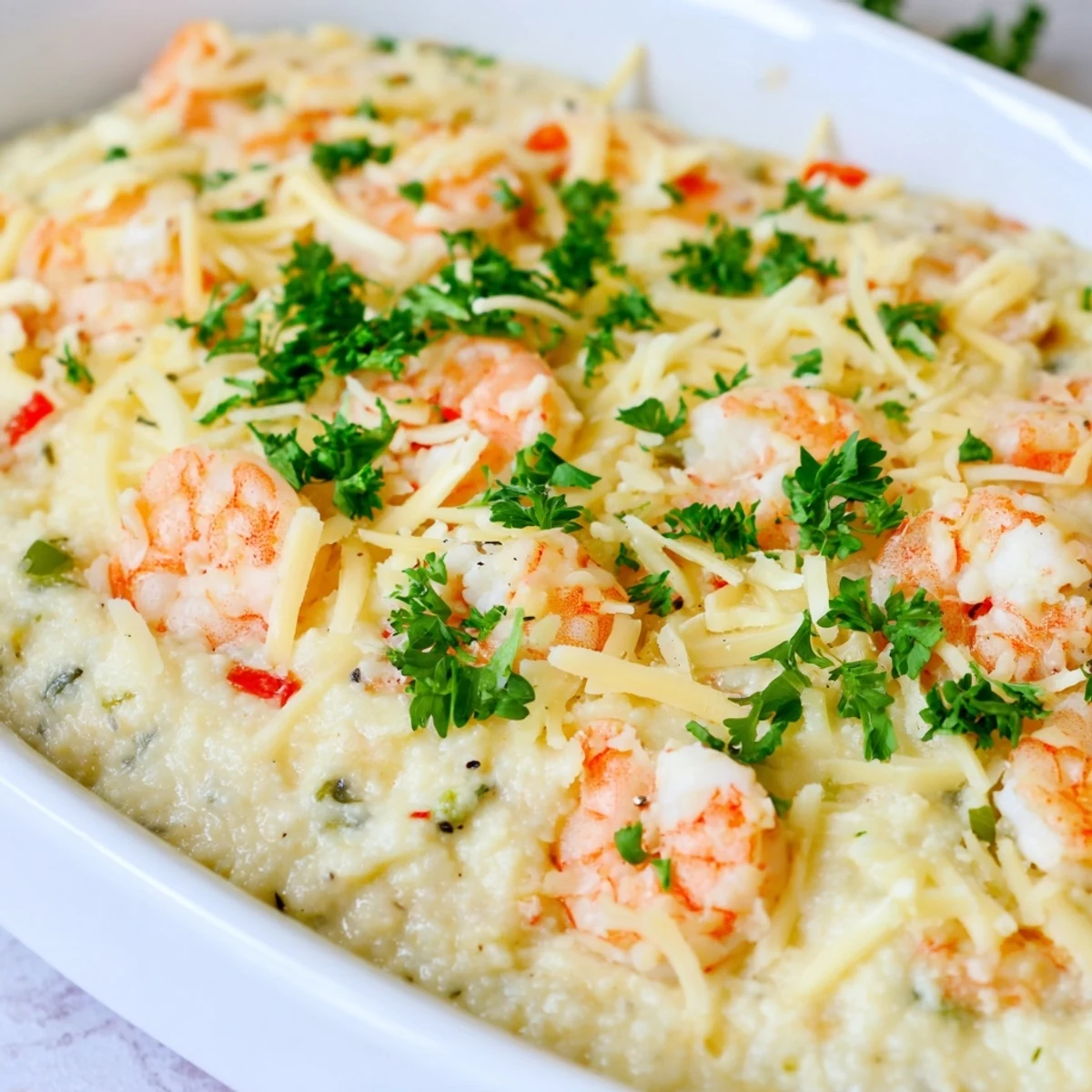 Fresh chopped parsley garnishes the Southern-style Easy Shrimp & Grits Casserole beside a rustic woven napkin on the table.