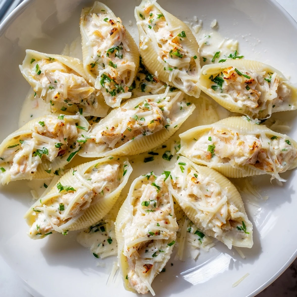 Golden-brown Creamy Seafood Stuffed Shells with melted mozzarella and fresh parsley garnish on a ceramic plate.