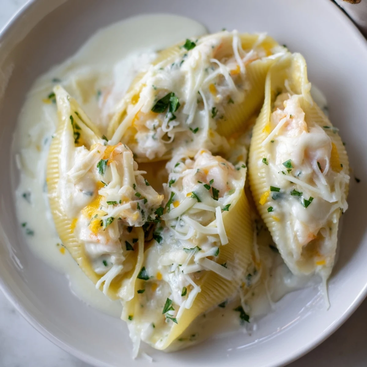 A warm serving of Creamy Seafood Stuffed Shells in a baking dish with a bubbling white cheese sauce.