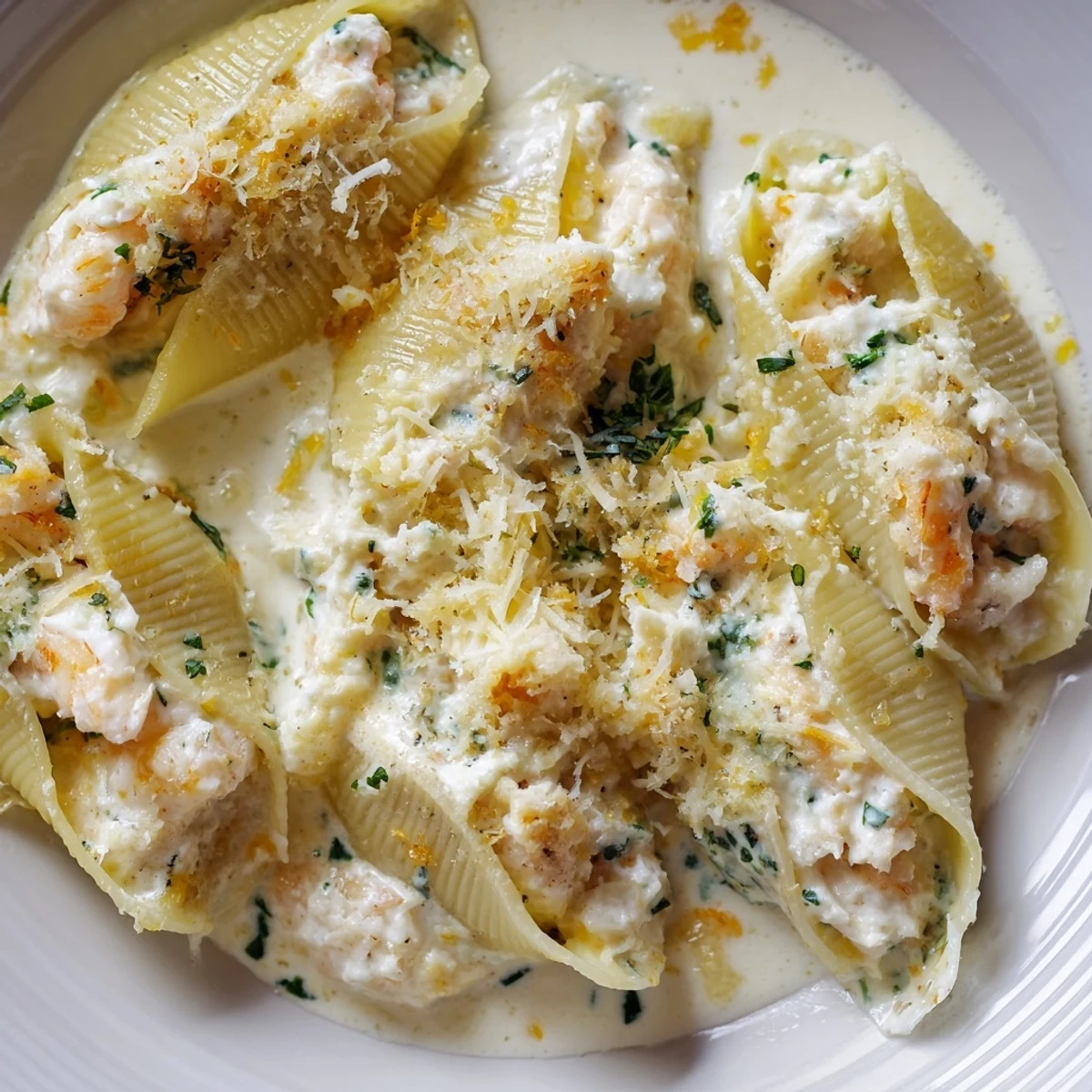 Close-up of Creamy Seafood Stuffed Shells revealing rich shrimp and crab filling inside tender pasta shells.