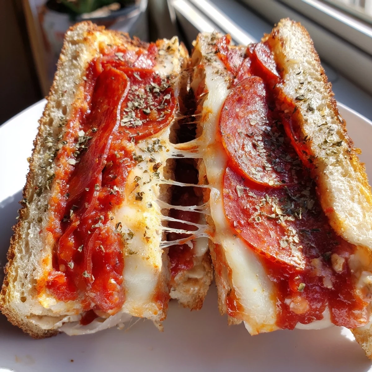 Golden-brown Pizza Grilled Cheese slices revealing gooey mozzarella and pepperoni between buttery sourdough bread, served on a plate.